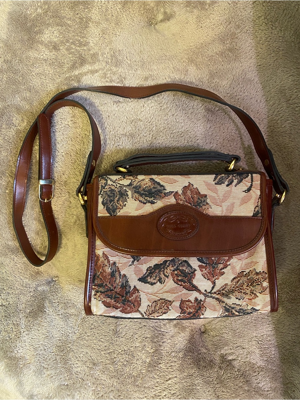 Brown Floral Tapestry Shoulder Bag with Leather Trim